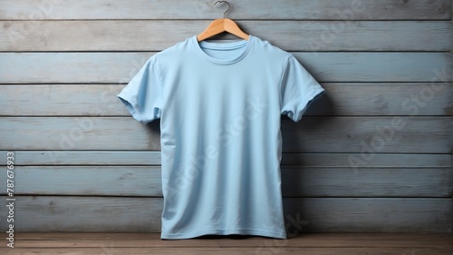 plain light blue tshirt on old wooden wall background from Generative AI