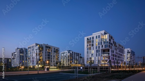 Captures the first completed phase of the development at dusk, the buildings illuminated in bright white light, emphasizing their modern design and the projects focus on energyefficient solutions