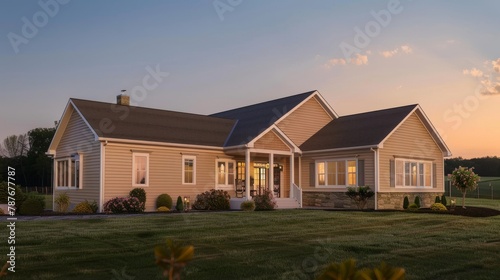 Captures the exterior of a singlefamily home at twilight, the warm beiges of the siding enhanced by the golden hour light, creating a picture of homey bliss photo