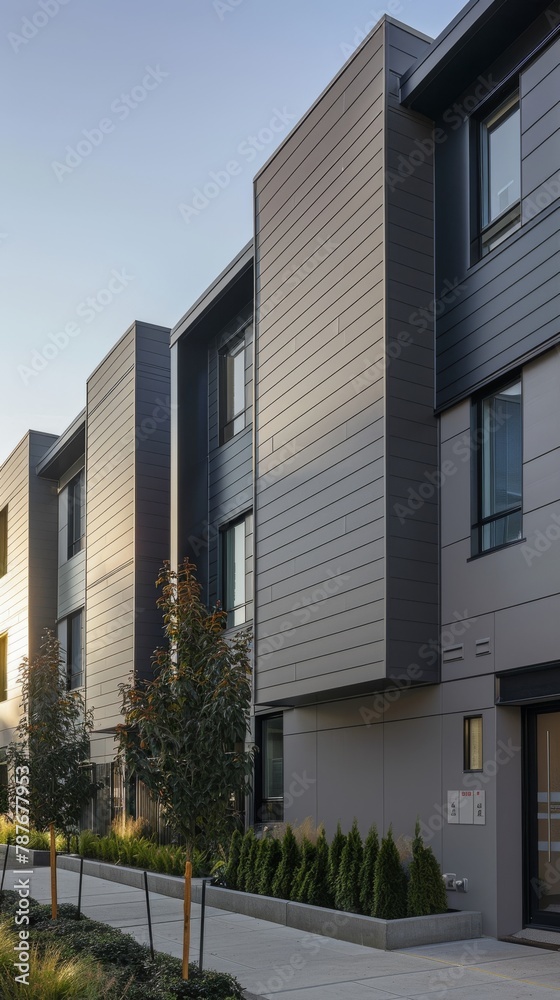 Captures the exterior of a new condominium with a facade of sleek grays, embodying modern urban living with its clean lines and contemporary design Captures the exterior of a new condominium with a facade of sleek grays, embodying modern urban living with its clean lines and contemporary design