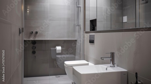 Captures the apartment s bathroom  utilizing neutral gray tiles and fixtures that provide a clean  practical finish that is both functional and aesthetically pleasing