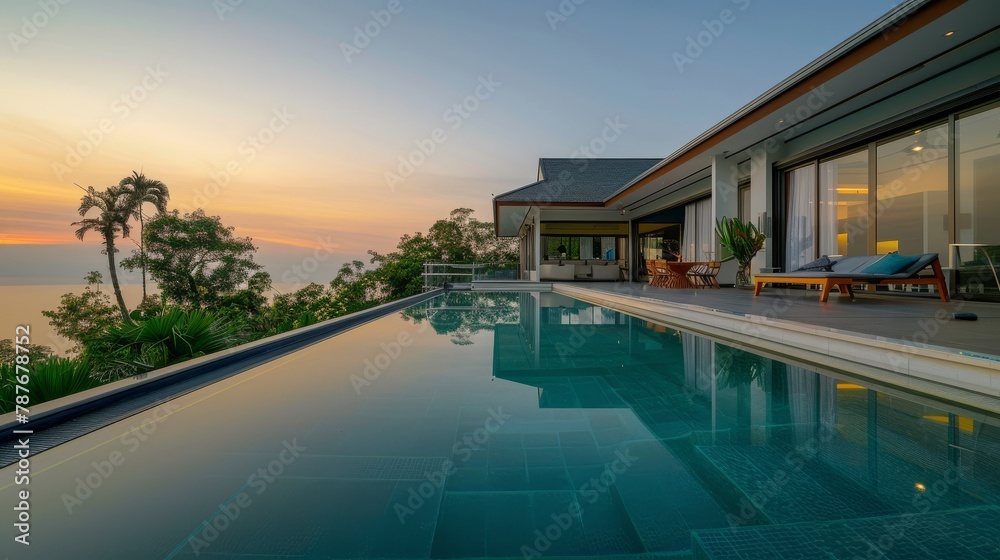 Captures a serene morning at the house with a swimming pool, the tranquil aquas of the pool reflecting the soft dawn light, creating a calm oasis for relaxation