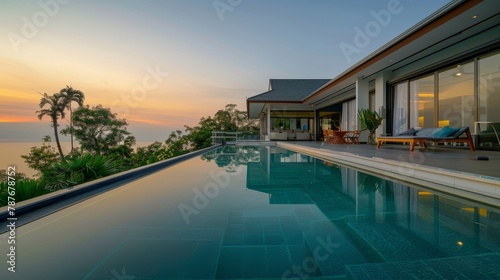 Captures a serene morning at the house with a swimming pool, the tranquil aquas of the pool reflecting the soft dawn light, creating a calm oasis for relaxation