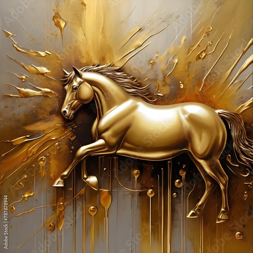 Modern shining golden abstract painting, metal elements, textured background, horses, animals photo