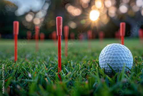 close up the golf ball and red tee pegs on the green background with sunset