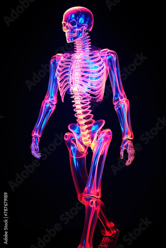 Brightly colored holographic skeleton walking against a black background. © Inge