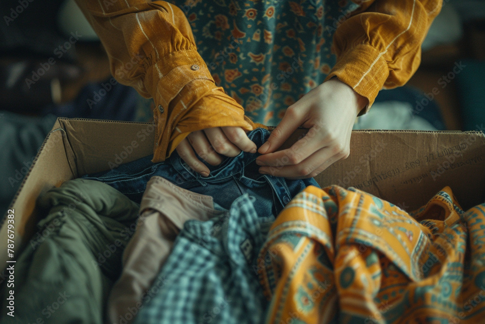 Close-up of hand young woman folding her clothes and packing them in paper box