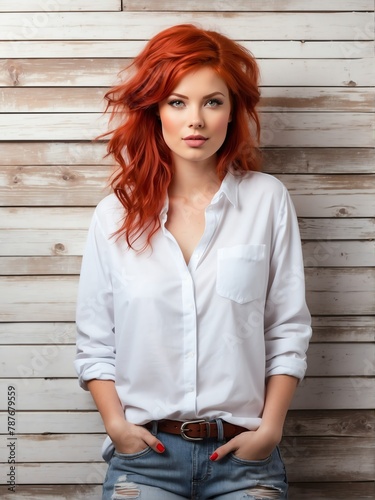 red head girl on plain white shirt and jeans on old wooden wall background from Generative AI © Arceli