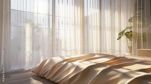Arranges a tranquil bedroom scene, with light streaming through sheer curtains onto a warm beige bedspread, crafting a peaceful retreat within the home photo