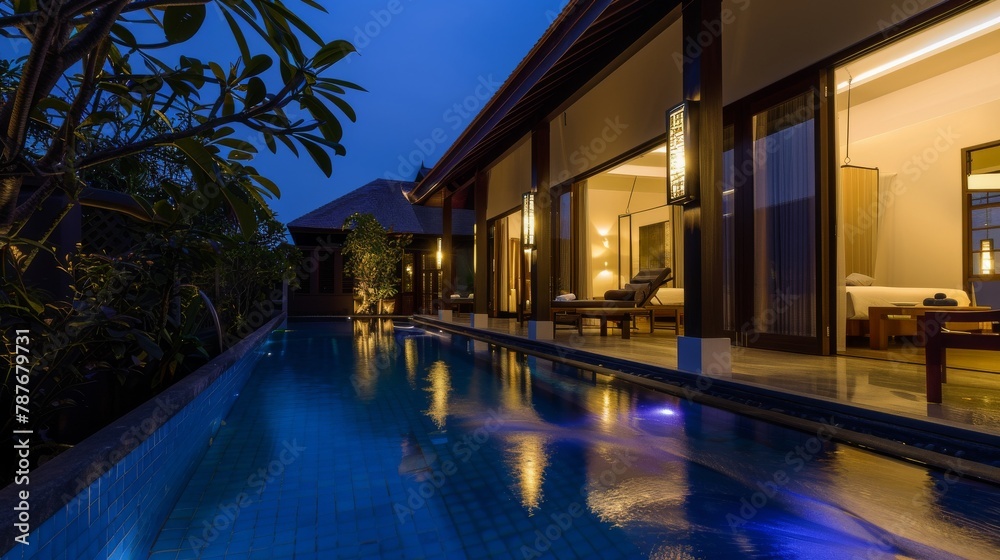 Arranges a serene morning scene, with the first rays of sun casting a soft, cool blue light on the pool s surface, promising a day of luxury and tranquility at the house