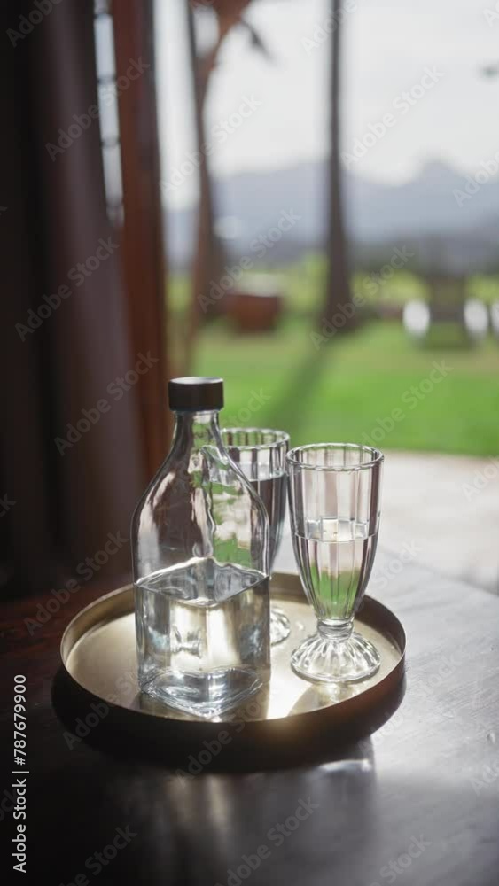 A transparent water bottle and glasses on a golden tray set against a blurred tropical background