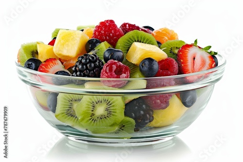 Fruit salad in clear bowl on white background