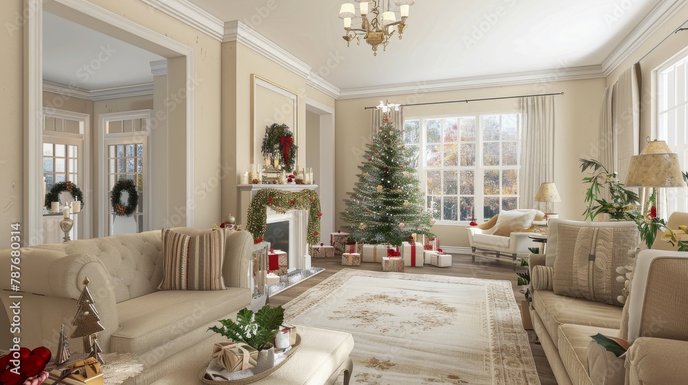 Arranges a festive holiday scene inside a singlefamily home, with decorations in warm beige tones that add a subtle, comforting elegance to the seasonal joy