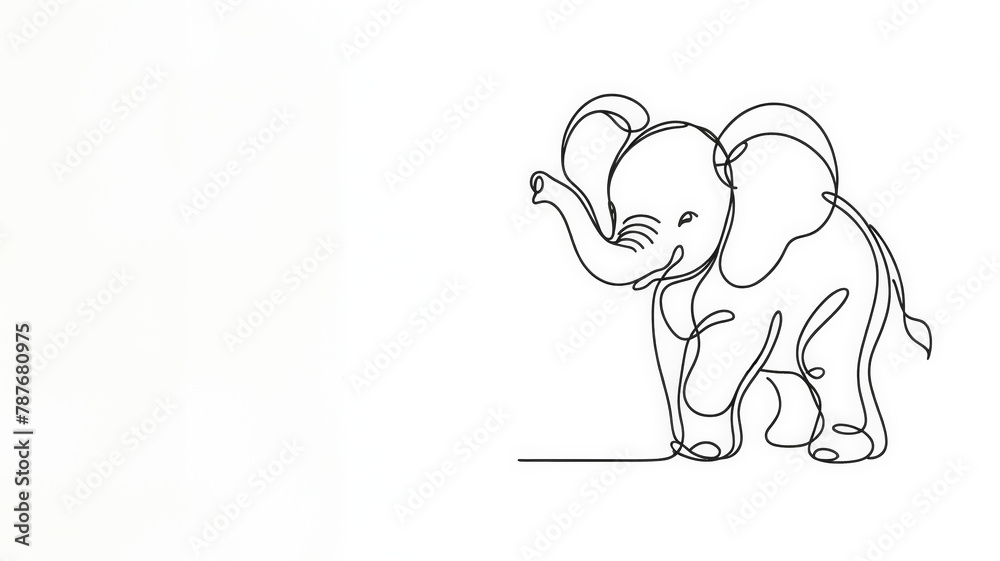 Obraz premium A minimalist line drawing captures a baby elephant, emphasizing its gentle form, large ears, and playful stance, all depicted through a continuous line on an isolated white background.