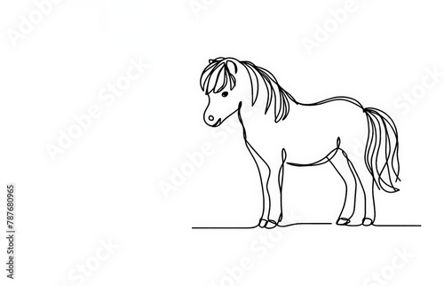 A minimalist line drawing captures a pony, highlighting its small stature and the texture of its mane and tail, all depicted through a continuous line on an isolated white background.