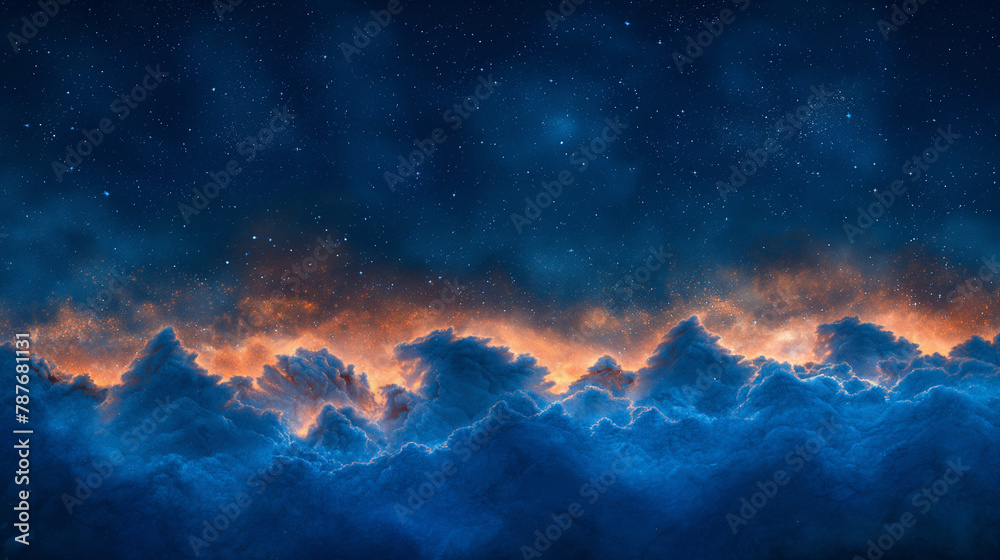 Naklejka premium Vector watercolor texture with night clouds and dark sky for cards. Hand drawn vector texture. Plane sky view with stars and sunset. Heaven. Summer watercolour banner. Template for design.