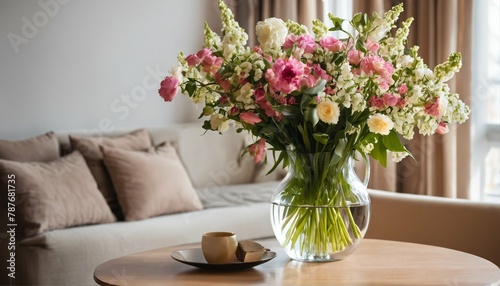 Morning sun lighting up spring flower bouquet in living room  chic apartment decor