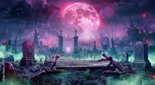 Zombie Emerges on Wooden Table as Skeletons Revel in the Graveyard under the Haunting Glow of a Blood Moon - Halloween Spookfest. Made with Generative AI Technology