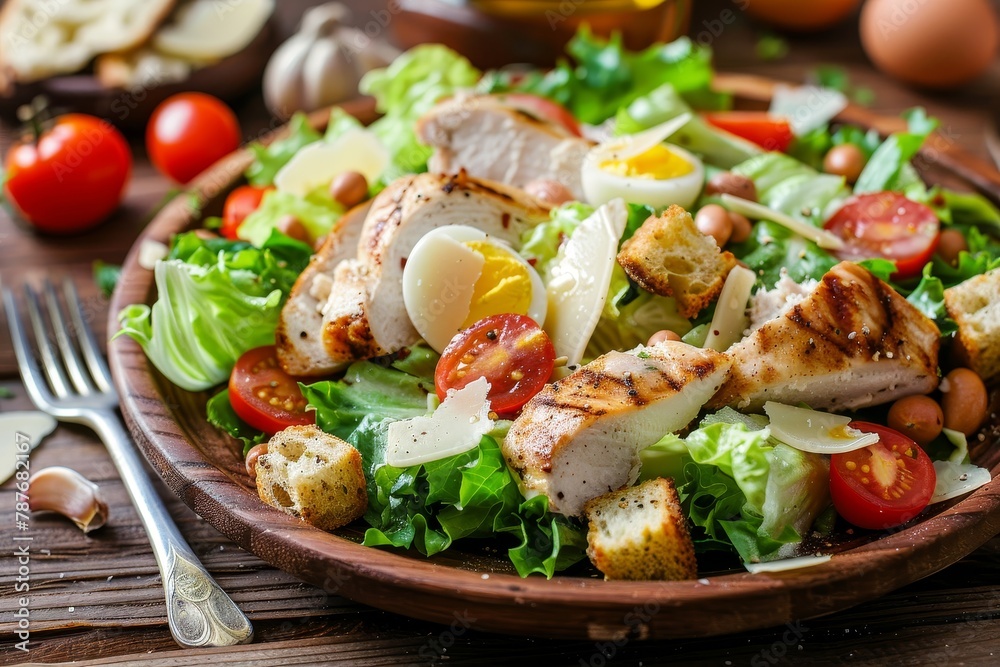 Grilled chicken Caesar salad with croutons quail eggs and cherry tomatoes on rustic wooden table Grilled chicken Caesar salad with croutons quail eggs and cherry tomatoes on rustic wooden table