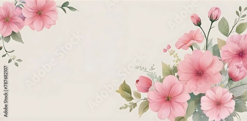 A delicate arrangement of pink flowers and green foliage set against a soft, neutral background.