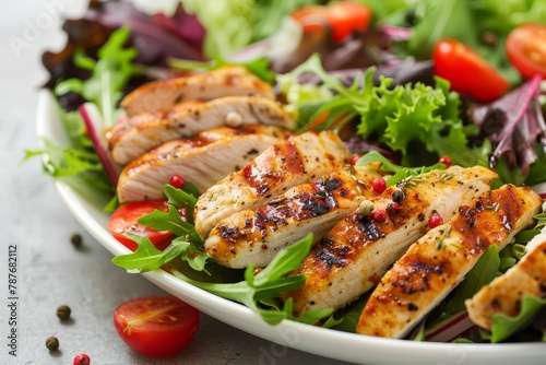 Grilled chicken breast on fresh salad with focused attention