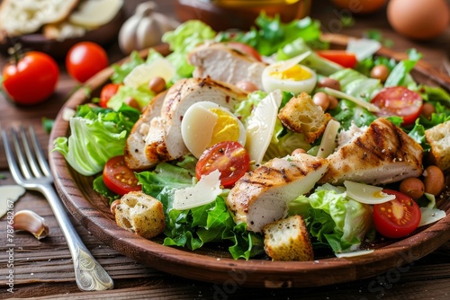 Grilled chicken Caesar salad with croutons quail eggs and cherry tomatoes on rustic wooden table