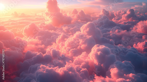 Fantasy pink cloud in sky pastel vector background. Abstract 3d candy fluffy texture with gradient. Fairy paradise realistic soft cloudy sunset landscape. Sweet dream illustration painting design.
