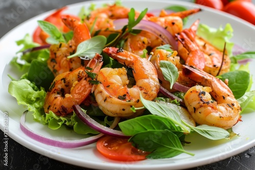 Grilled king size shrimp salad on white plate