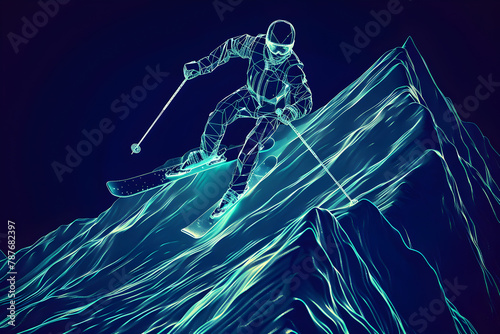 Neon wireframe illustration of snow-covered mountain with freestyle skier isolated on black background.