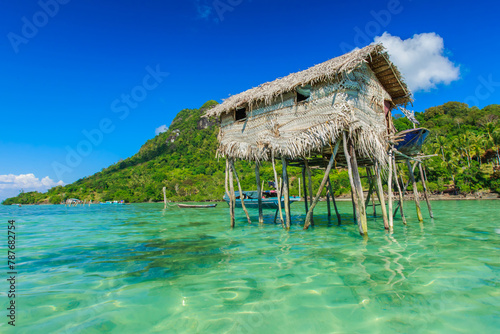 Beautiful landscapes view borneo sea gypsy water village in Bodgaya Island, Semporna Sabah, Malaysia.