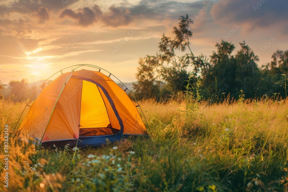 Sunset camping tent on summer meadow with back sunlight and space for text