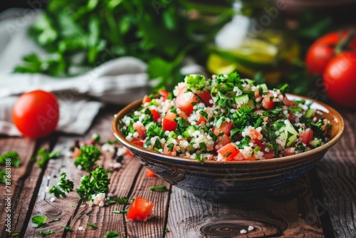 Tabbouleh salad with bulgur and vegetables on a dark wood background focusing on the parsley photo