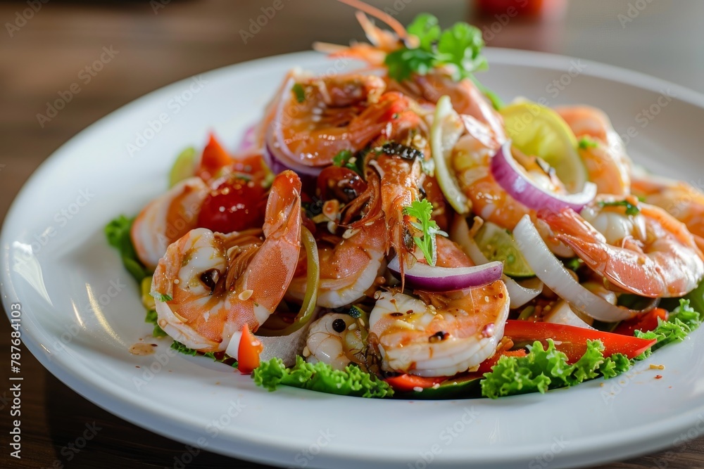 Thai water mimosa and seafood salad with spice white plate Thai water mimosa and seafood salad with spice white plate