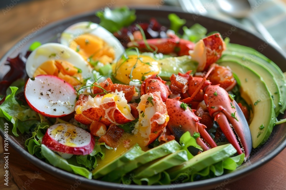 The salad includes lobster avocado and egg The salad includes lobster avocado and egg