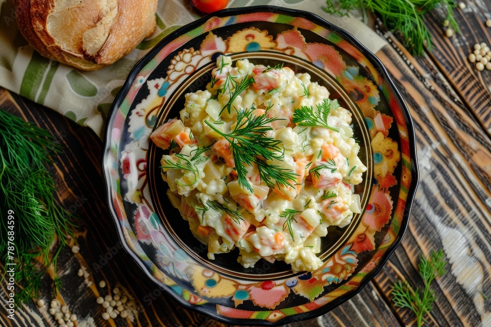 Top view of a popular Russian dish salad olivier served in a beautiful restaurant plate Top view of a popular Russian dish salad olivier served in a beautiful restaurant plate