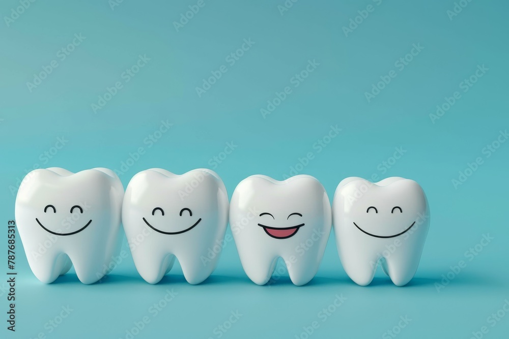 Four smiling teeth on a blue background. Four smiling teeth on a blue background.