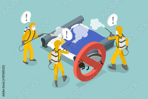 3D Isometric Flat Vector Illustration of Disinsection Against Bed Bugs, Pest Control