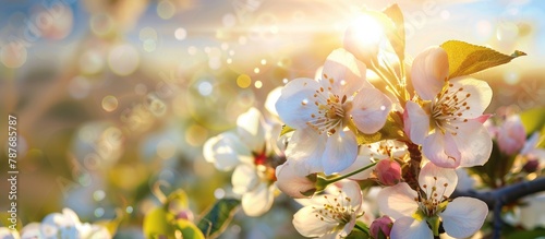 Background of blooming spring flowers with a beautiful nature scene featuring a blossoming tree and radiant sun. Clear skies and an orchard in full bloom create an ethereal 