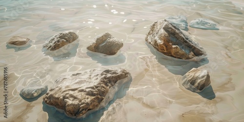 Rocks and sand submerged in water are portrayed in a lush baroque style with translucent geometries and a sun-kissed palette.
