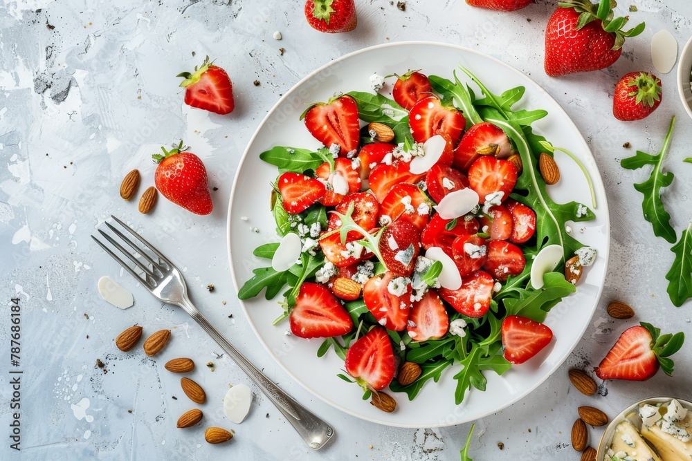 Top view of Roquefort strawberry salad with almonds on white plate Top view of Roquefort strawberry salad with almonds on white plate