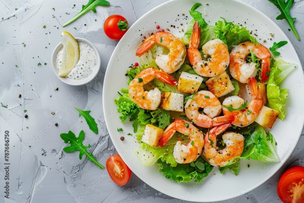 Top view white plate with Caesar shrimp salad Top view white plate with Caesar shrimp salad