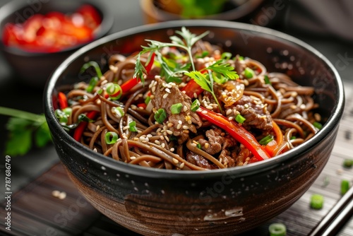 Traditional Asian cuisine Beef and noodle stir fry with sesame seeds Soba noodles
