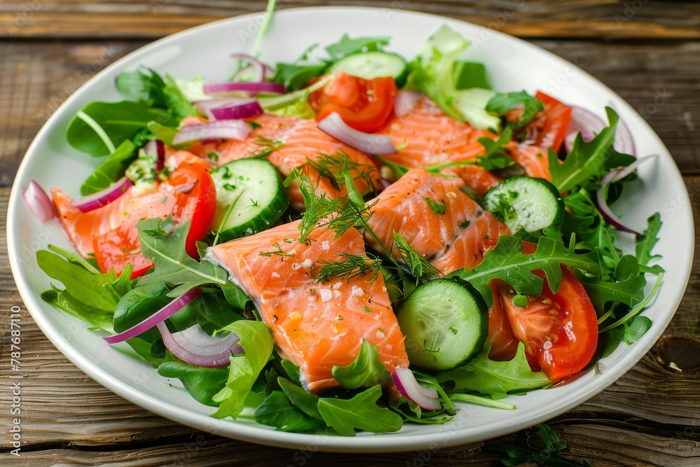 Trout in Olivier salad on white plate wooden backdrop Trout in Olivier salad on white plate wooden backdrop