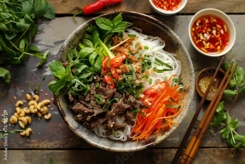 Traditional Vietnamese noodle salad with beef rice noodles herbs pickled veggies and fish sauce photo