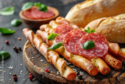 Wooden background with breadsticks ham and salami