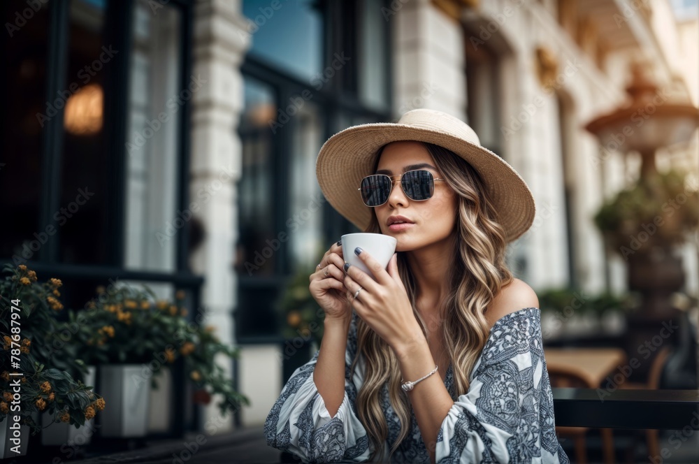 Beautiful woman in hat and sunglasses with cup of coffee in cafe