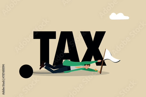 The pressure of tax or payment burden, financial bankruptcy, excessive administrative or government obligations, business man being squeezed under the burden of the word tax