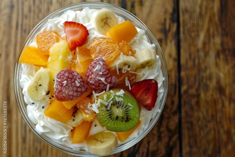 Vertical close up of bowl with fruit salad and yoghurt toppings Vertical close up of bowl with fruit salad and yoghurt toppings
