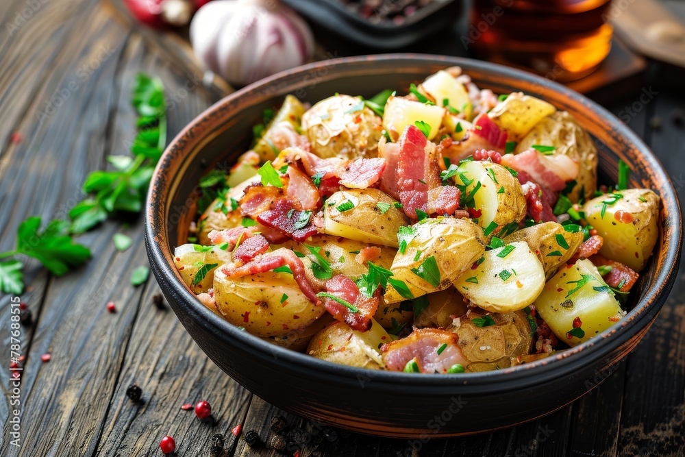 Warm potato salad with bacon in a wooden bowl Warm potato salad with bacon in a wooden bowl
