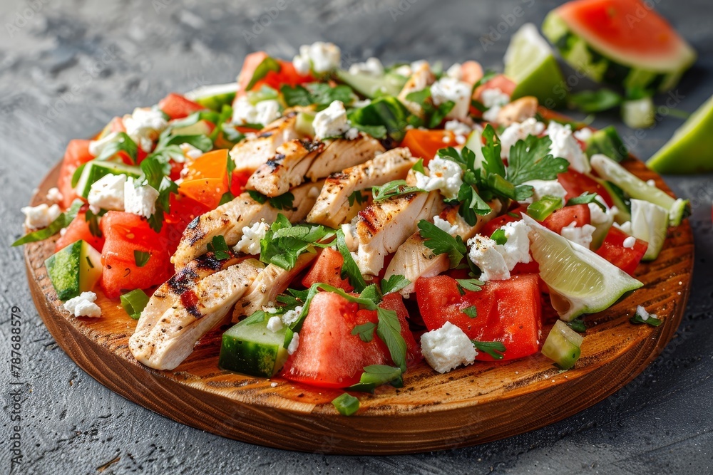 Watermelon chicken and feta salad on wooden plate focused